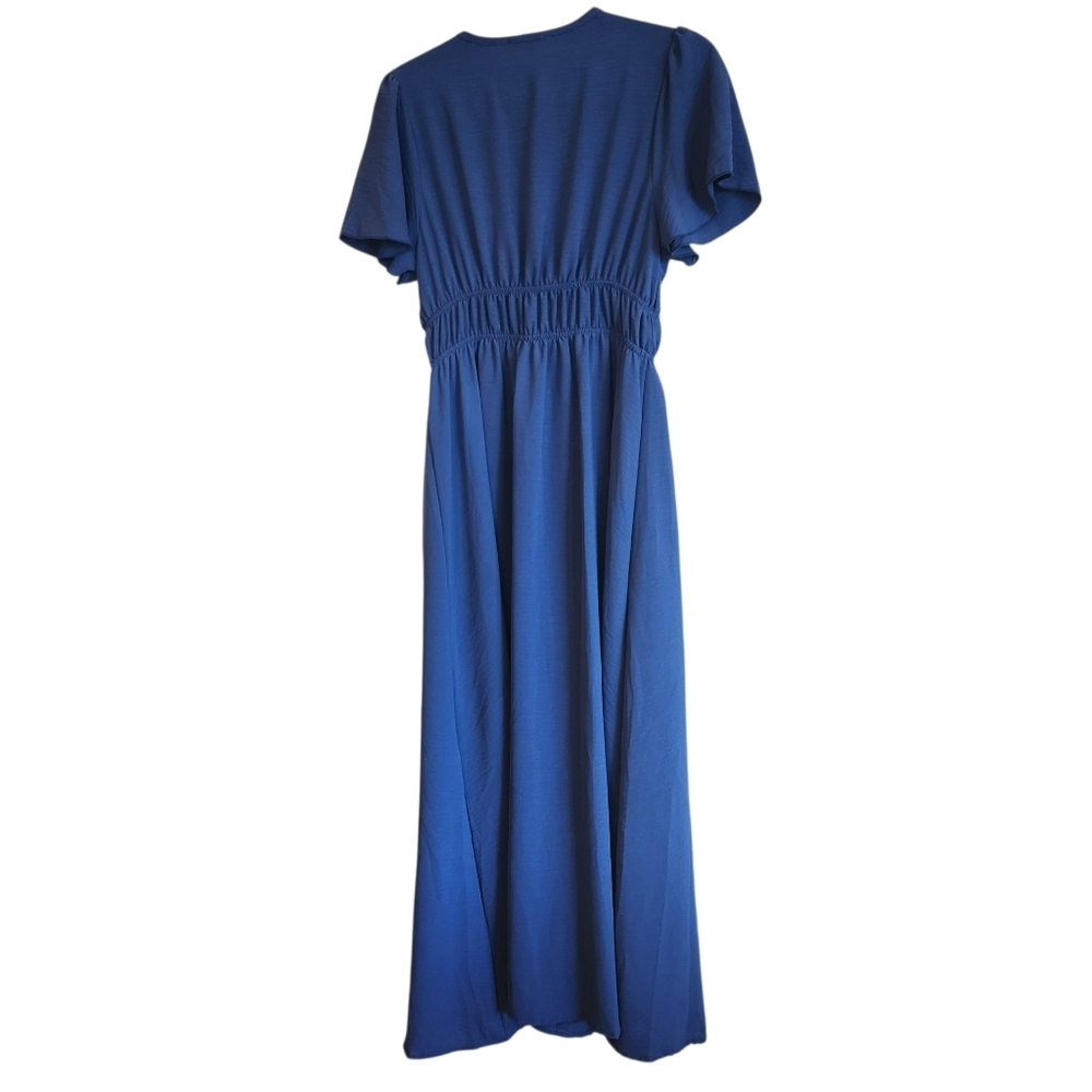 See You Monday Dusty Blue V-Neck Elastic Waist Maxi Dress Size L Flutter Sleeves - Picture 2 of 12